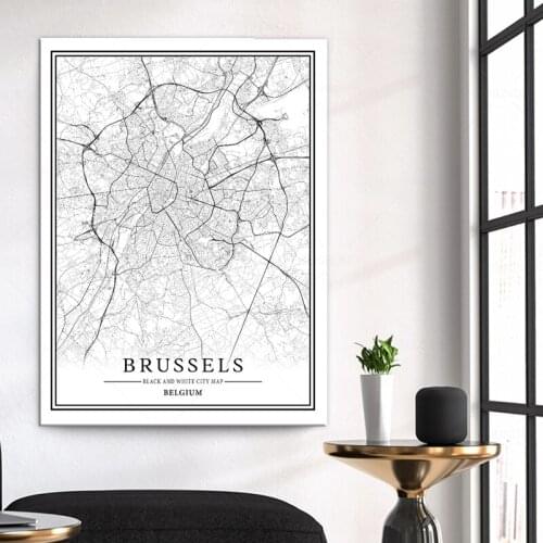 Black and White World City Map BRUSSELS Wall Art Canvas Poster Prints Nordic Style Paintings Picture for Living Room framed