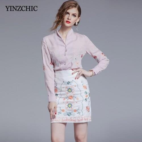 Elegant Womans Embroidered Suits Chiffon Blouse Pencil Skirt Set for Office Lady Female Autumn New Blouse Skirt Set Suit Casual