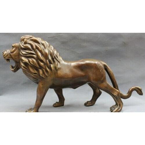 19" Chinese Bronze Copper FengShui Wealth Wild Fierce Lion Leo Statue Animals gift copper crafts decoration