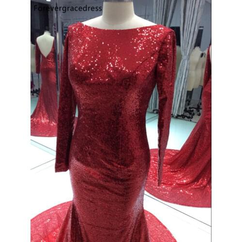 Beautiful Sparkly Long Sleeves Prom Dress New Arrival Red Sequin Backless Party Gown Custom Made Plus Size