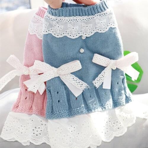 Lace Knitted Sweater Pet Bows Cat Dog Costumes Autumn Winter Vest Puppies Small Animal Skirt Clothing 2020 New Girl Boy Dresses