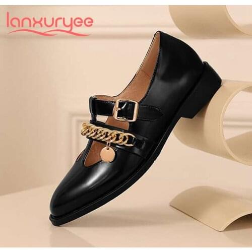 Lanxuryee 2021 full grain leather handmade spring shoes round toe med heel chain decoration buckle strap fashion women pumps L02