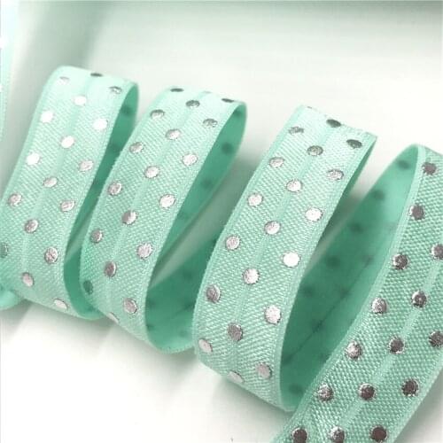 5/8" (5 yards/lot) Silver Polk Dots Print Shiny FOE Fold Over Elastics Spandex Satin Band Hair Tie Headband DIY Crafts Supplies