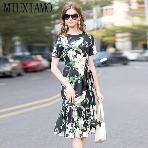 MIUXIMAO 2020 Runway Designer Spring Dress Women Short Sleeve Brid Flower Print Trumpet Elegant Casual Dress Women vestidos
