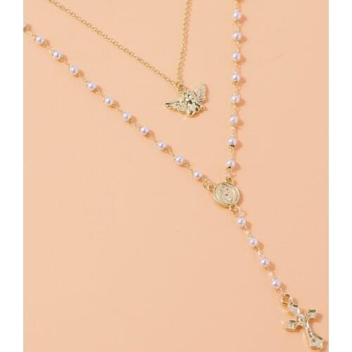 Fashion Pearl Angel Coin Cross Necklaces Gold Color Personality Punk Multilayer Alloy Necklace for Women Vintage Female Jewelry