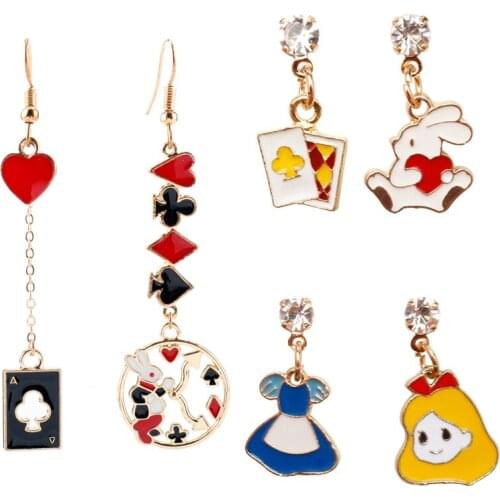 Lovely Girl Rabbit Earrings for Girl Women Kawaii Jewelry Rhinestones Poker Card Drop Earring Present