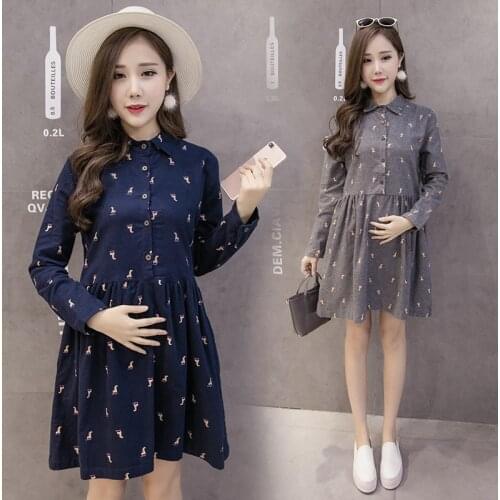 Pregnancy Dress Spring Pony Pattern Maternity Clothes Mid-long Wool Long Sleeve Postpartum Mother Clothings Dresses for Women