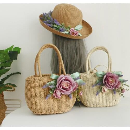Luxury Designer Straw Bag Women Seaside Beautiful Purple Flower Rattan Holiday Bags Floral Hat Ladies Hand Knitting Beach Bag