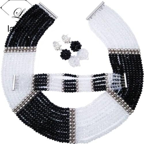 Handmade New Black Transparent Crystal Beaded Costume Nigerian African Wedding Beads Jewelry Necklaces Set CHK003