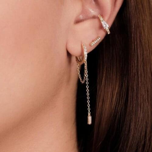 Single baguette cz mini small Huggie hoops long tassel chain earring 925 sterling silver delicate piercing fashion women jewelry