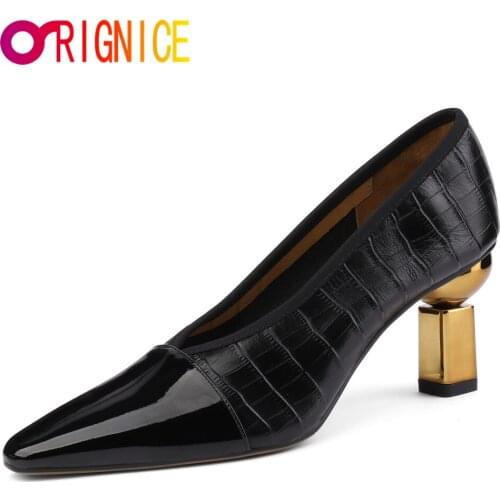 Orignice Pointed Toe Soft Genuine Leather Women Pumps Spring Basic Fashion Comfortable Special Shaped Heels Shoes Big Size 34-42