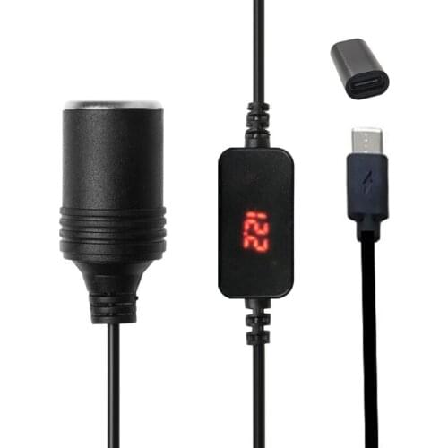 USB C PD Female Type C Male to 12V Car Socket Power Supply Cable with Voltage Display for 12V Car LED Light DVR Fan GPS