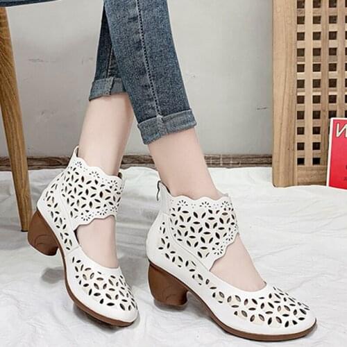 Vintage Hollow Out Square Heels Boots Sandals Women 2021 Pu Leather Gladiator Shoes Woman Round Toe Ethnic Style Shoes