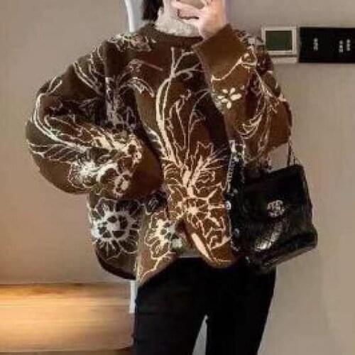 Autumn and Winter Pullover Mohair Sweater Womens Long-sleeved Round Neck Irregular Loose Knit Pullover Womens Floral Print Top