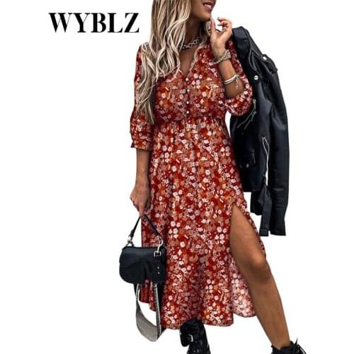 WYBLZ European And American Sexy Side Split Midi Dresses V-neck Print Temperament Long Dress Summer Long Sleeve Cardigan Fashion