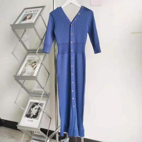 2021 New Korean Chic Style Elegant V Neck Knit Dress Women Half Sleeve Slim Fit Sweater Dresses Single Breasted Casual Vestidos