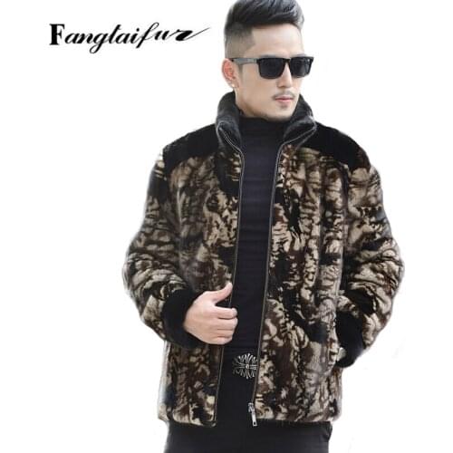 Fang Tai Fur 2019 Men Import Velvet Mink Fur Coat Mandarin Collar Mink Coats Mens Causal Camouflage Short Real Mink Fur Coats