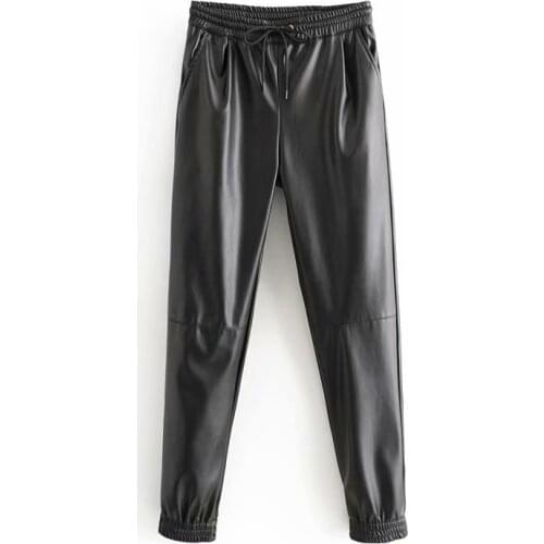 2021 New Autumn Winter Faux Leather Jogger Pants Elastic Waist Pencil Pants High Waist Trousers Women Streetwear