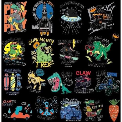 Anime Dinosaur spacecraft Jurassic Cartoon rocket heat transfer Iron on for Clothes Applique DIY Childrens T-shirt Decoration