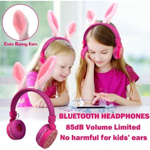 Kids Bluetooth 5.0 Headphones Fluffy Rabbit Ears Headset Foldable Earphone Support TF Card FM Aux In for Boys&Girls Birthday Gif