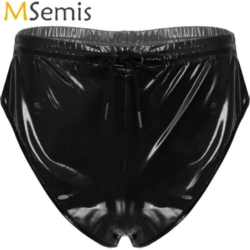 Mens Lingerie Briefs with Pocket Drawstring Elastic Waistband Patent Leather Shorts Stage Performance Pole Dance Night Club Wear
