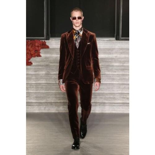 2017 Latest Coat Pant Designs Brown Velvet Men Suit Slim Fit Groom Tuxedo 3 Piece Custom Style Suits Prom Blazer Terno Masculino