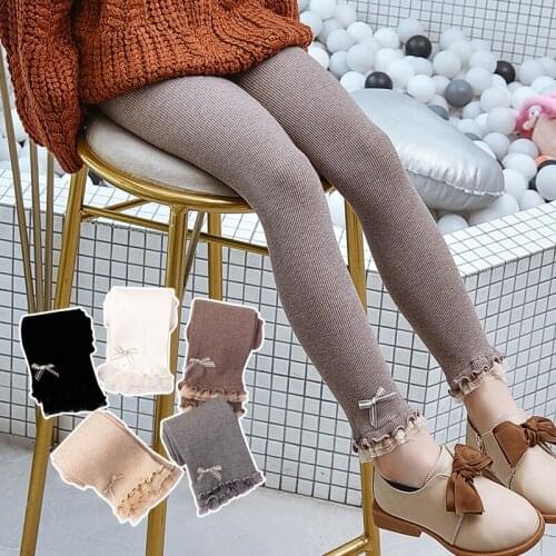 2020 Autumn Girls Leggings Children Stretch Slim Leggings Solid Lace Bow-knot Skinny Pants for Baby Kids 2-12 Y Toddler Trousers