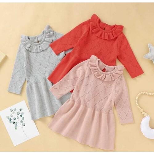 2020 Autumn Clothes Knitted Baby Girls Dresses Solid Sweater Dresses Ruffle Girls Knitted Dress Kids Dress Children Clothing