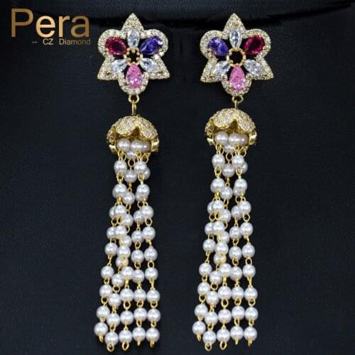 Pera Vintage Yellow Gold Color AAA+ Long Dangle CZ Tessal Drop Simulated Pearl Earring For Elegant Women Prom Party Jewelry E212