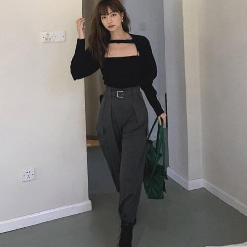 HOT Spring Autumn Women in overalls High waist Thin money Tie your feet Leisure sports pants Belt Show thin All-match oversize