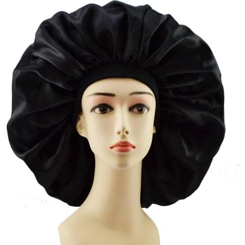 Dropshipping Extra Large Women Sleep Cap Satin Silk Hair Bonnet Night Sleeping Head Cover Hat Wide Band Adjust For Curly Wave