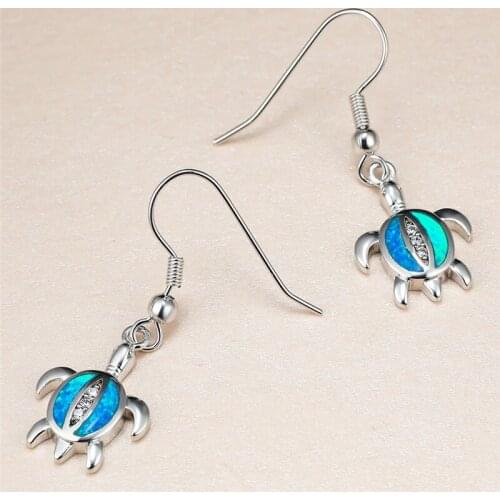 Luxury Female Blue Opal Drop Earrings Classic Silver Color Wedding Earrings Charm Crystal Sea Tortoise Dangle Earrings For Women