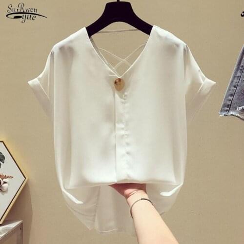 Korean V-Neck Plus Size Short Sleeve Shirts Women New Summer Solid Loose Chiffon Blouse Women Office Lady Clothes Blusas 9306 50