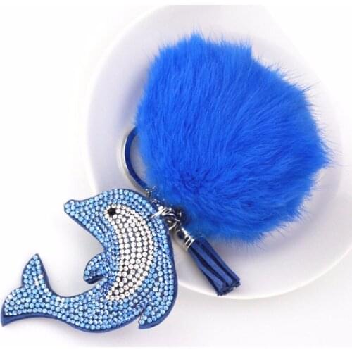 Mix Colors New Arrival Dolphin Fur Keychain Girls Romantic Rhinestone Pom Pom Pendant Key Chains Rhinestone Bag Keychain Gift