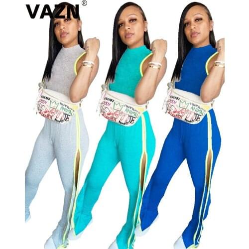 VAZN Top design 2020 summer sexy lady 3 colors solid 2-piece set sleeveless tops long side vent pants set lady high street sets