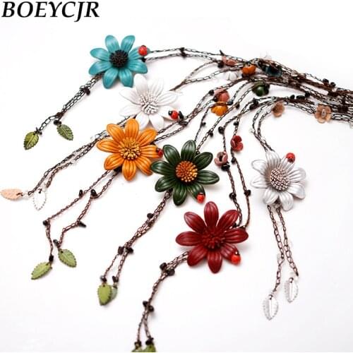 BOEYCJR 7 Colors Available Vintage Leather Sunflower Pendant Necklace Rope Chain Jewelry Ethnic Pendant Necklace for Women