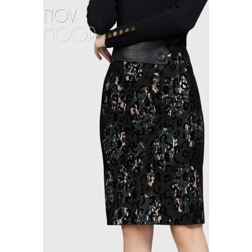 Novmoop French elegant style sheepskin sophisticated pattern printed genuine leather women skirt zipper closure LT3295