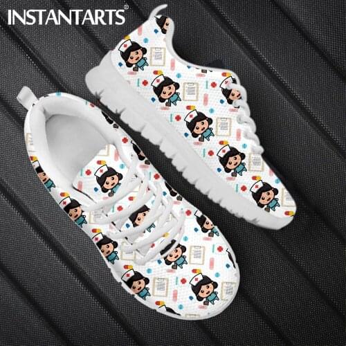 INSTANTARTS White Nurse Shoes for Womens Cute Cartoon Medical Doctor Nursing Sneakers Breathable Mesh Walk Footwear Zapatos
