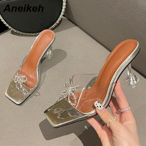 Aneikeh Womens Shoes 2021 Summer Modern Slippers Spike Toe PVC Slides Elegant Sexy Fashion Party Butterfly-Knot Polka Dot Bling