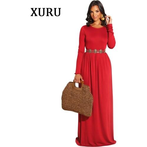 XURU Long-sleeved Dress Black Blue Red Long Maxi Dress Womens Slim elastic Waist Sexy Tight Casual Big swing Dress