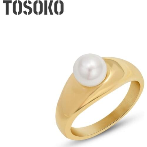 TOSOKO Stainless Steel Jewelry Pearl Ring Is Plated With 18 K Gold And Overlapped With Womens Fashion Food Ring BSA236