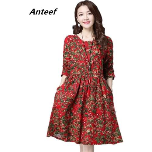 Long sleeve plus size cotton linen vintage floral women casual loose midi autumn spring dress elegant clothes 2021 ladies dress