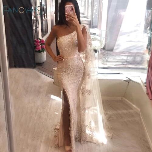 Sexy Champagne Mermaid Evening Dresses 2020 One Shoulder with Cape Lace Beaded Prom Dress Formal Evening Gown Robe de Soiree