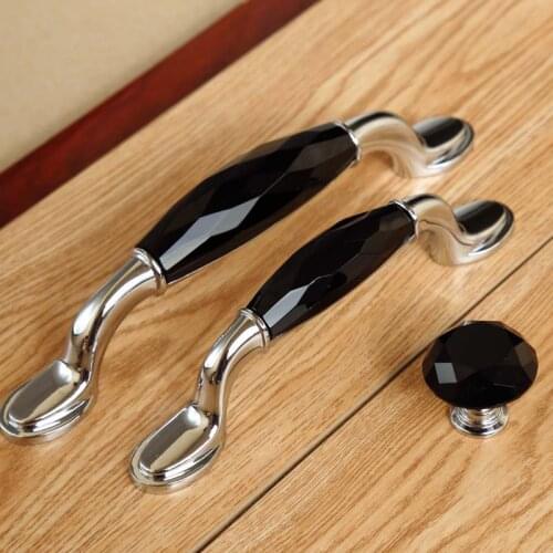 128mm modern deluxe silver chrome dresser kitchen cabinet door handle K9 black crystal wine cabinet drawer knob pull fashion 5"