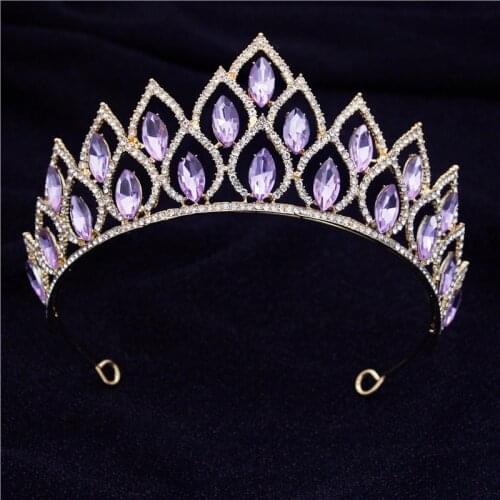 Baroque Violet Crystal Bridal Crown Headbands Royal Queen Bride Headdress Prom Tiaras Party Diadem Wedding Hair Jewelry Pageant