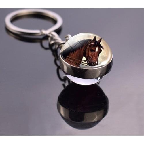 Horse Keychain Double Sided Glass Ball Keychain Red Brown Horse Head Art Charm Jewelry Horse Animal Keyring