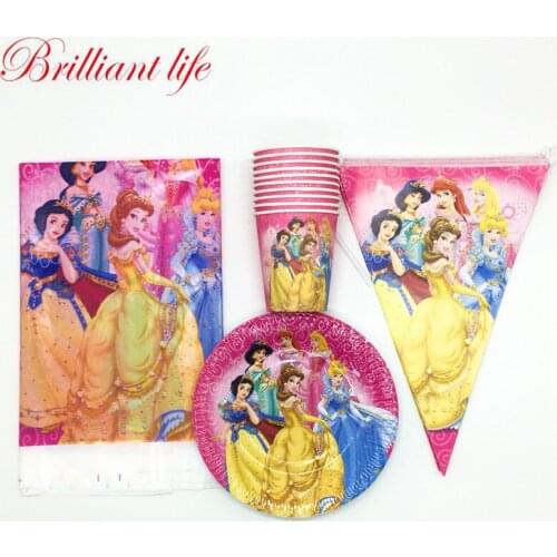 Disney Six Princess Theme 31pcs/lot Event Party Cartoon Paper Cup Plate Banner Girl Birthday Party Snow White Tablecloth Supply