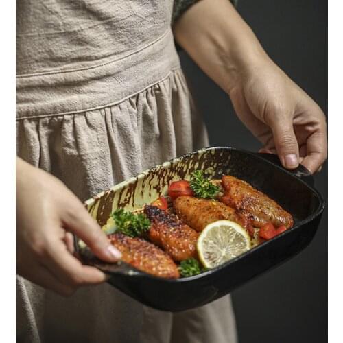 Ceramic Binaural Baking Pan Cheese Baked Rice Bowl Japanese Creative Baking Rectangular Plate Kiln Deep Plate Household Oven Spe