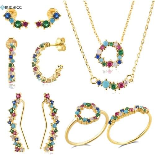 KIKICHICC 925 Sterling Silver Rainbow CZ Spring Angelique Sparkle Tutti Frutti Clips Hoop Stud Earring Ring Collar Jewelry Set