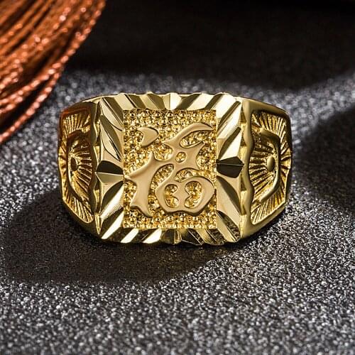 New Year Lucky Word Chinese Style Gold Color Mens Finger Rings Fashion Jewelry Bague Accessories Cool Masculine Fortune Band